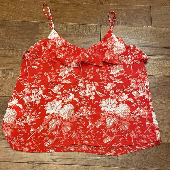 Lucky Brand Women’s Floral Red Silk Cami Tank Ruffle Top - Size Small - Picture 2 of 9